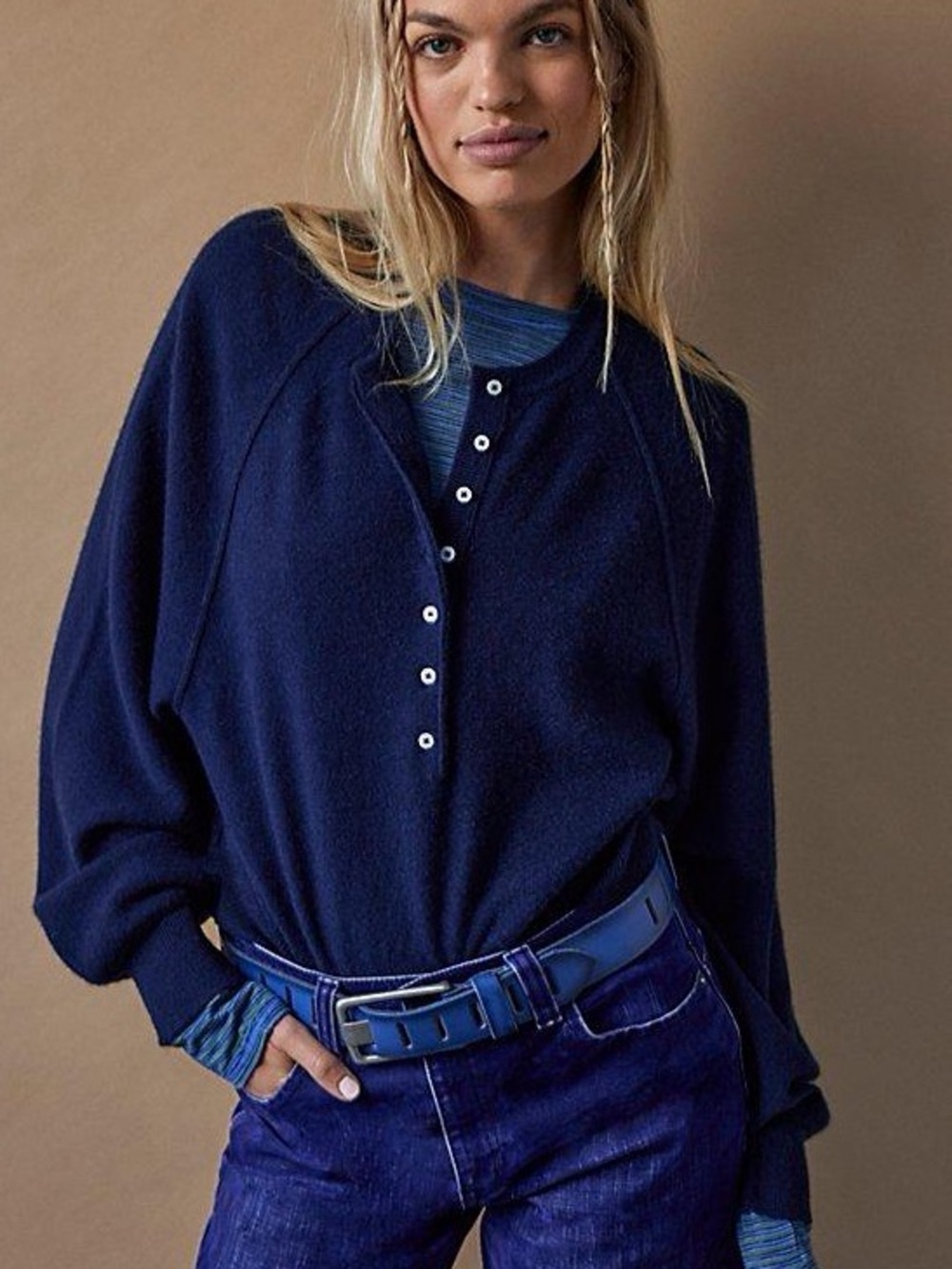 Free People Porta Cashmere Henley Sweater Shark Navy Blue Cardi Top Size Small